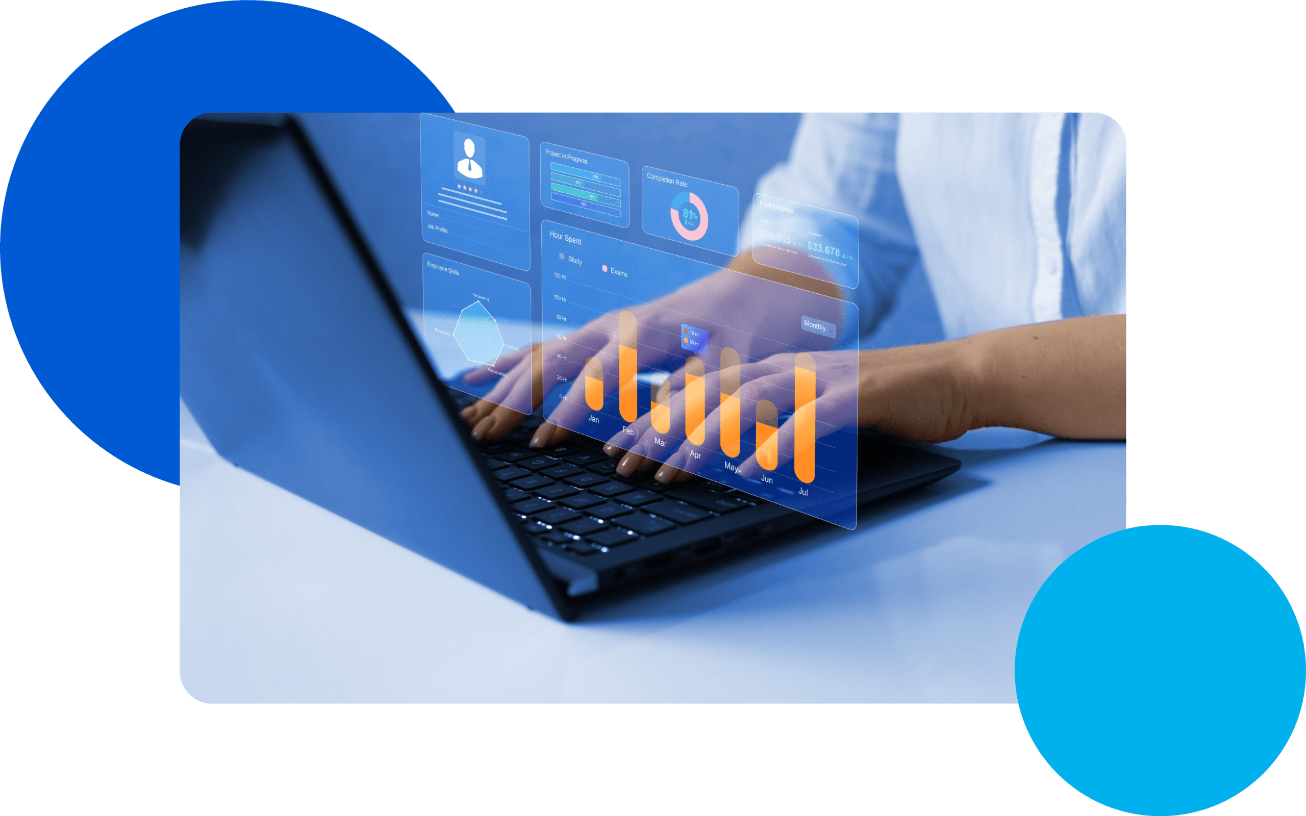About Us - Our Mission and Purpose Person typing on a laptop with digital graphs and charts displayed above the keyboard.