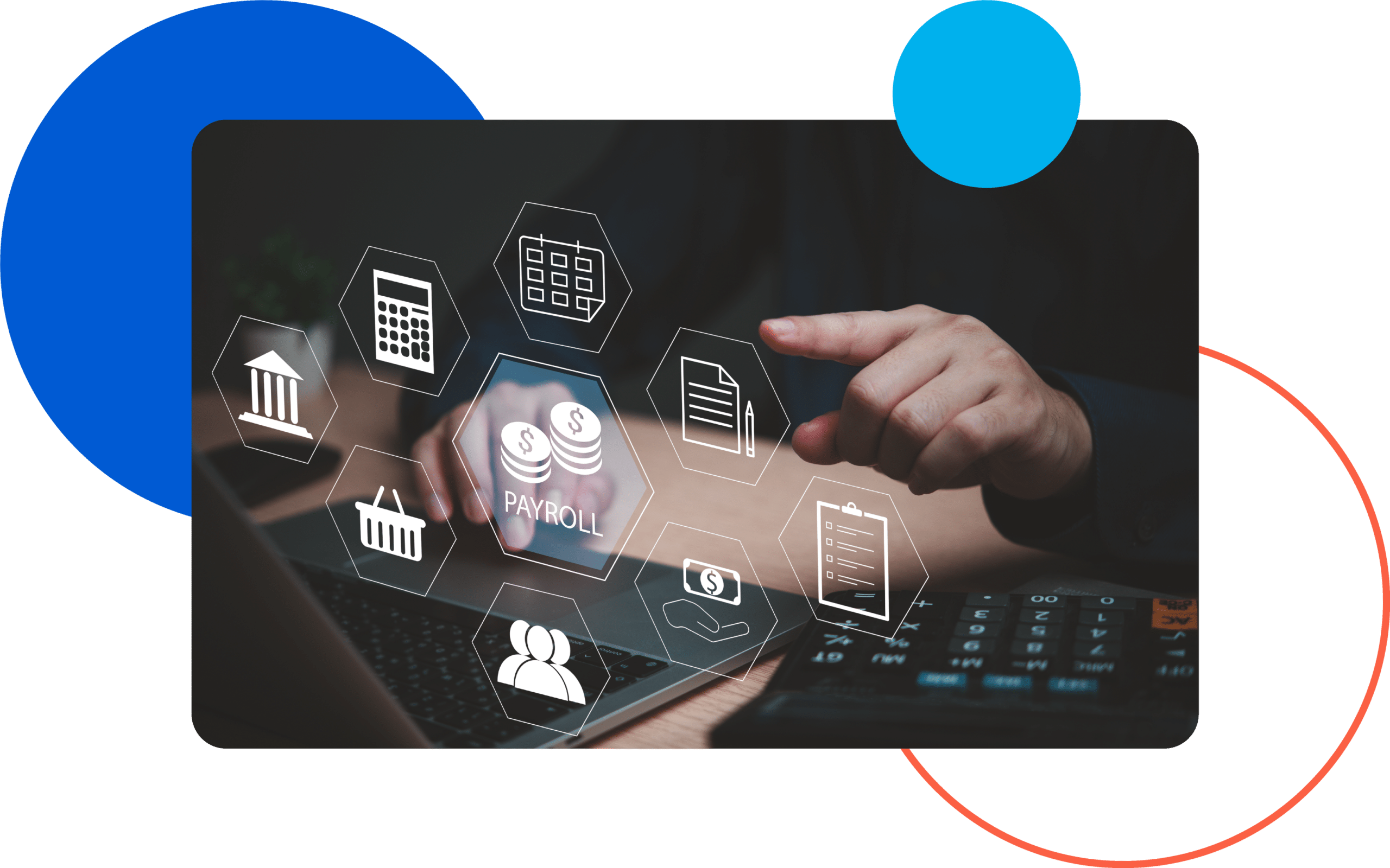 About Us - Who We Are A person using a laptop and virtual payroll icons, with graphs and calculator in view.