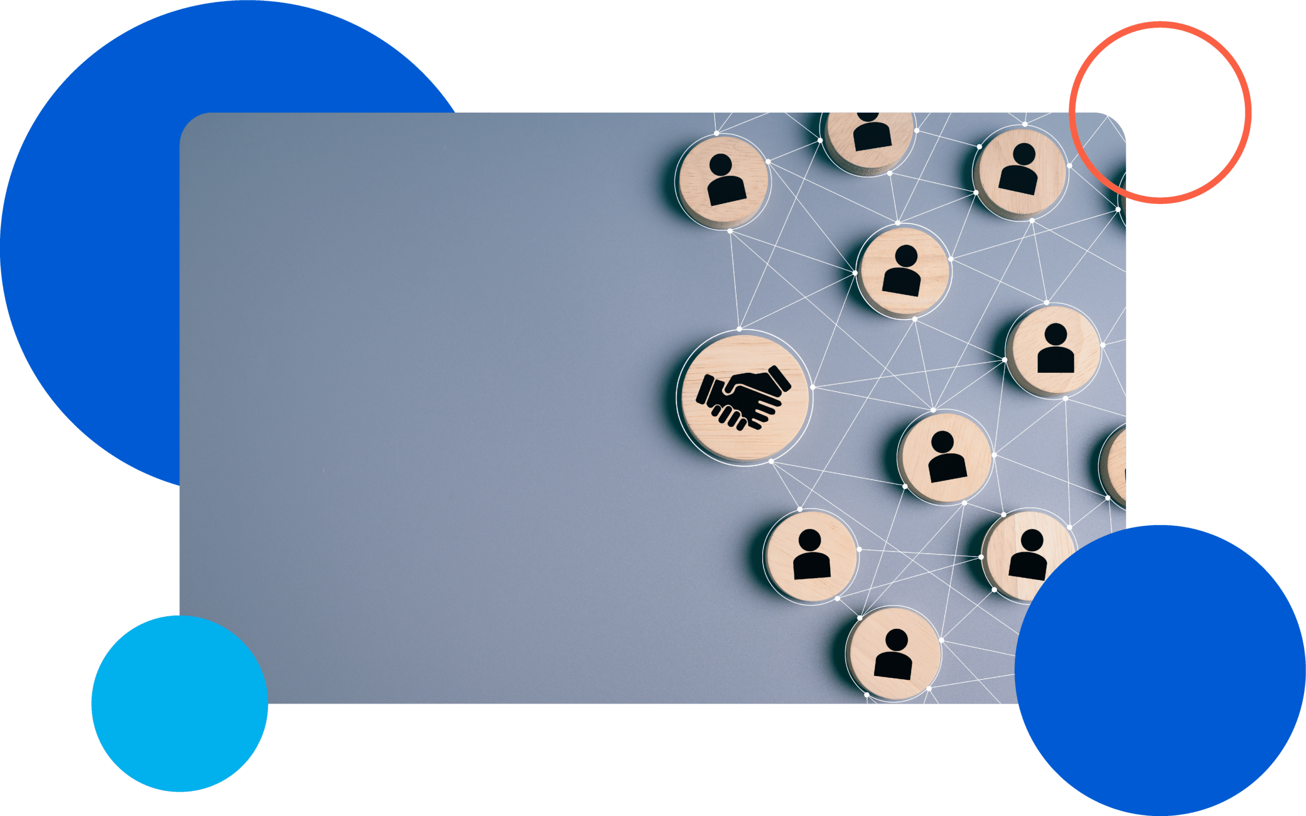 About Us - Who We Serve Wooden circles with human icons connected by lines and a handshake icon in the center.