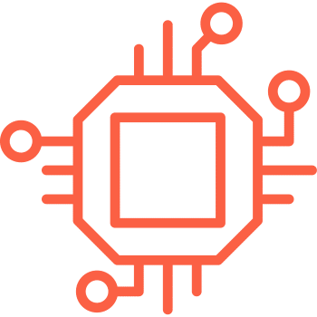 Red outline of a microchip with circuit lines extending outward on a transparent background.