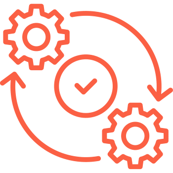 Built for global payroll (350) Two gears and arrows surrounding a check mark, representing efficient workflow or automation.