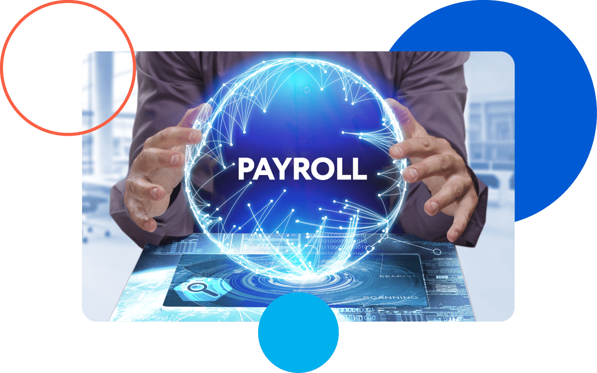 GlobalPayrollGraphic Person holding a digital globe with the word "PAYROLL" above a futuristic interface.