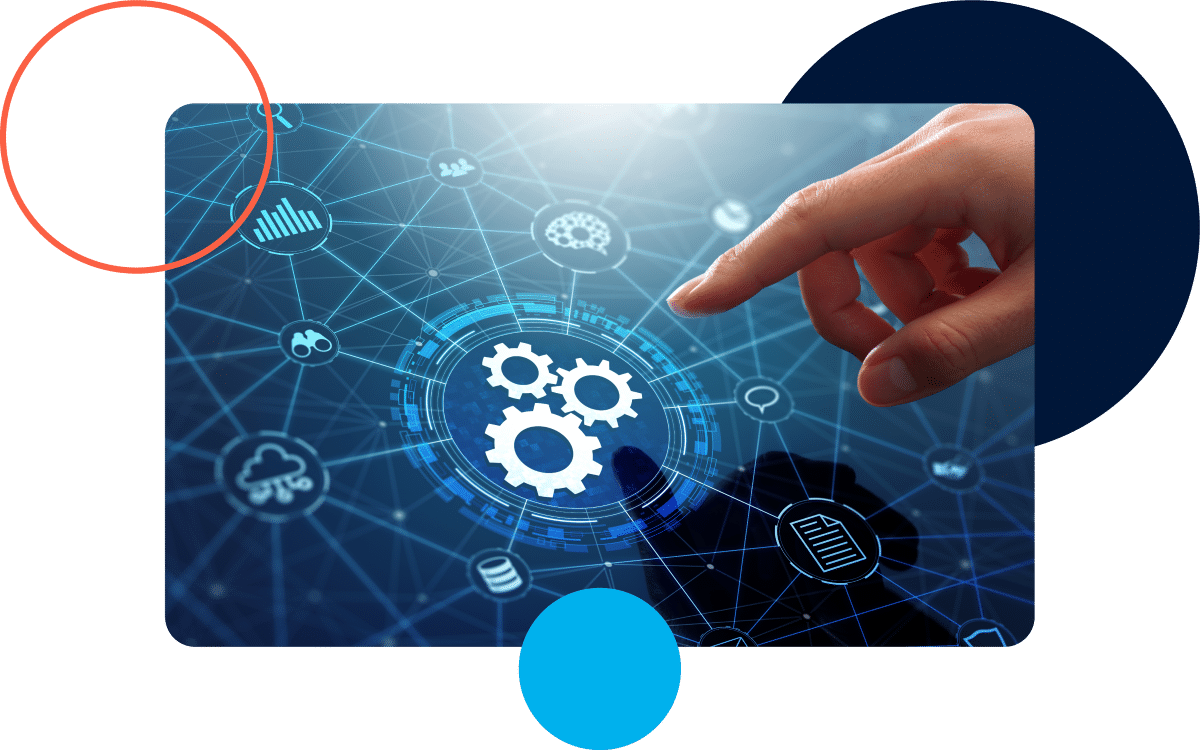 How HCM Connect Works A hand points at digital gears on a virtual network interface with technology icons.