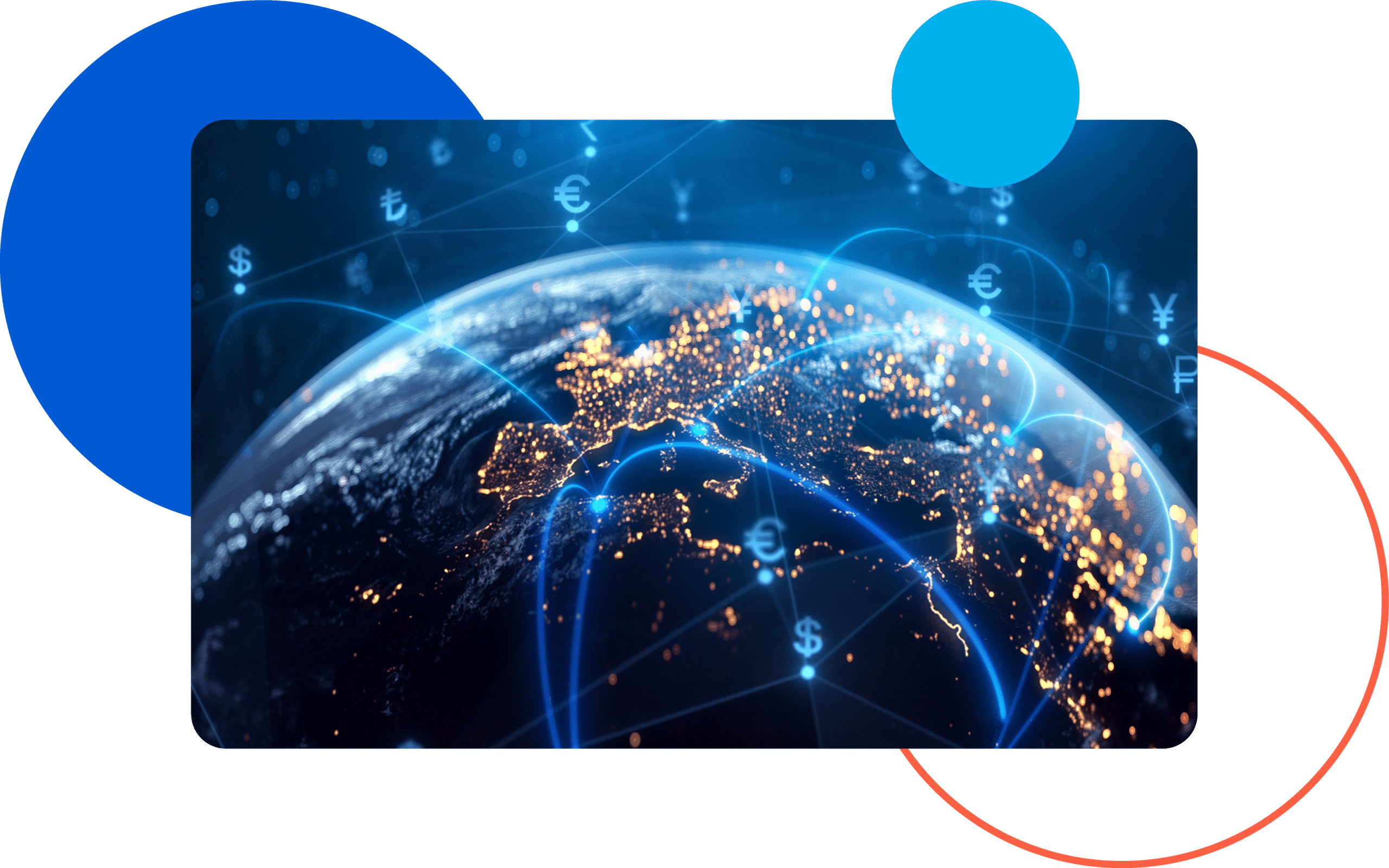 A glowing world map with currency symbols and digital payment connections across continents.
