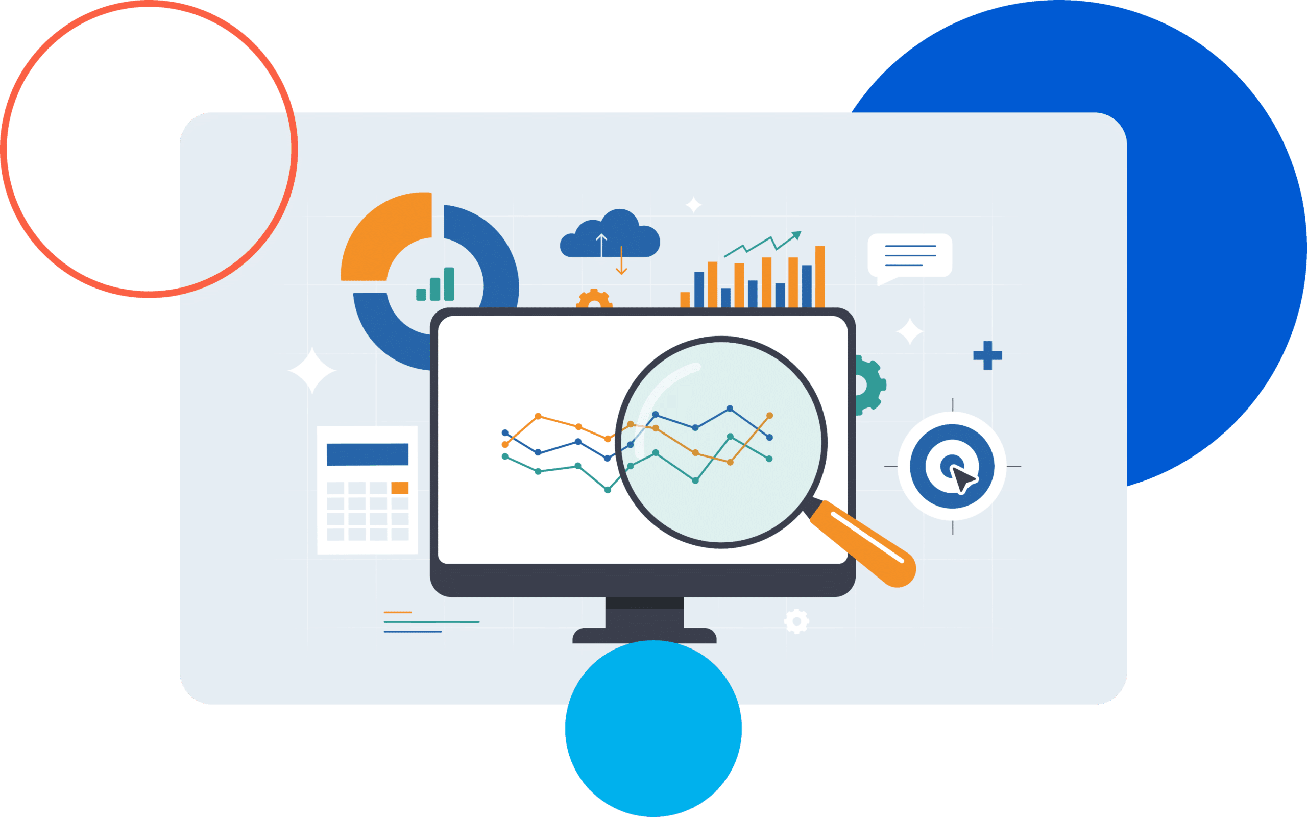 IPPEX Cloud - How we solve global payroll A computer screen with graphs, charts, and a magnifying glass, representing data analysis.