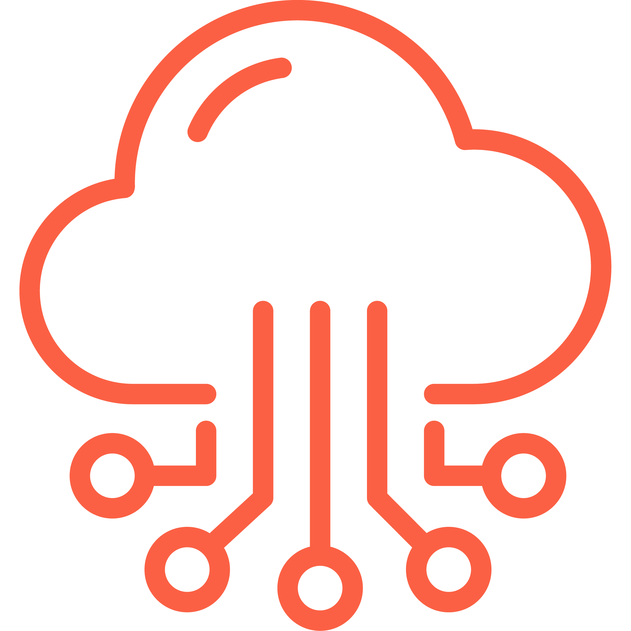 Red cloud icon with circuit lines extending downward, symbolizing cloud computing or technology.