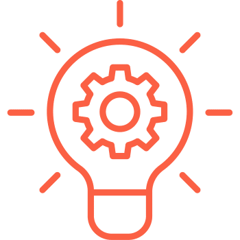Independent and flexible (350) Outline of a light bulb with a gear inside, representing innovation and ideas.
