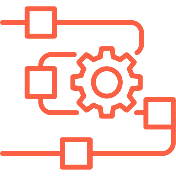 Integrated into your ecosystem (350) Red gear and square icons connected by lines, symbolizing system integration or workflow.