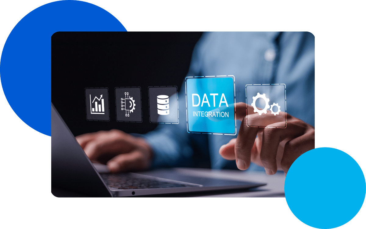 Integration Capabilities & Support A person selecting "Data Integration" on a virtual interface with technology icons.