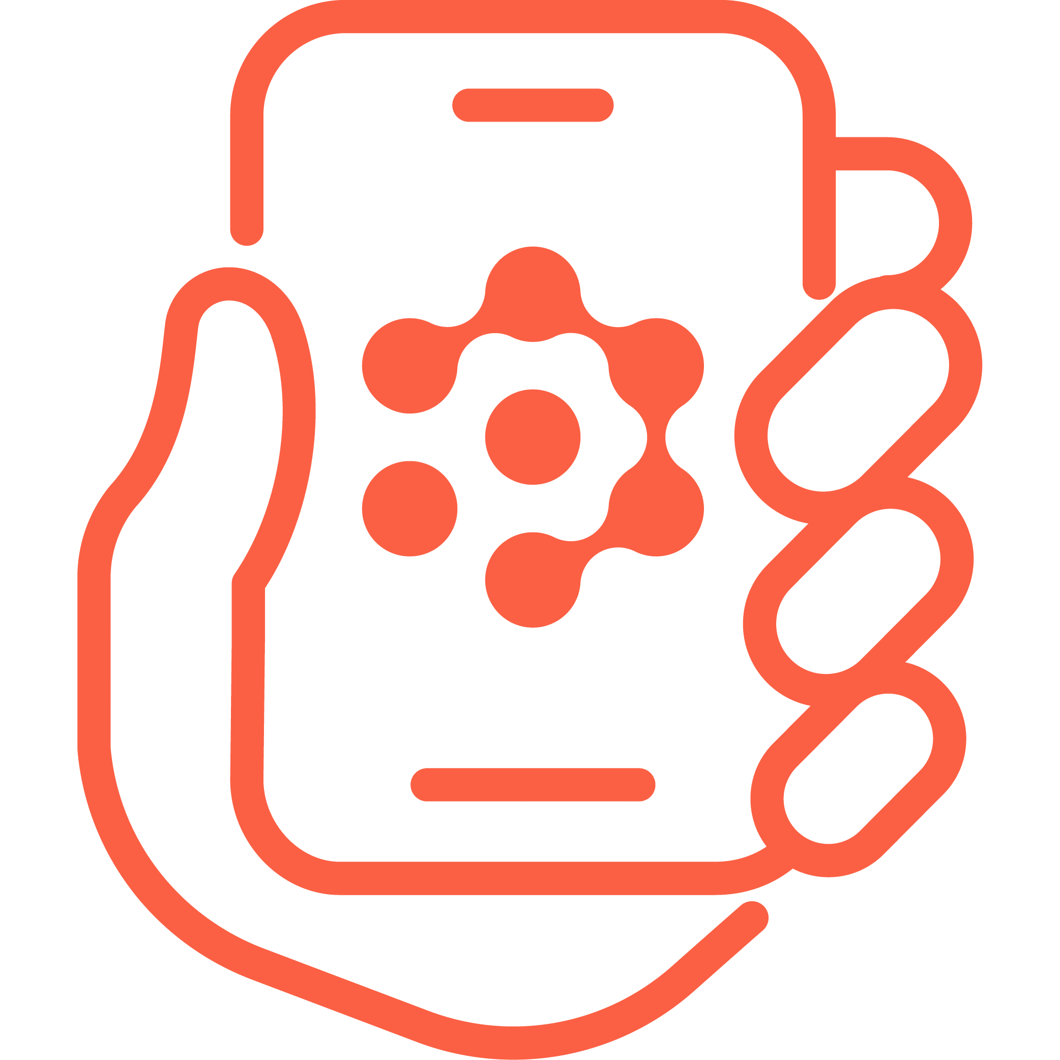 Outline of a hand holding a smartphone with a circular pattern on the screen in orange.