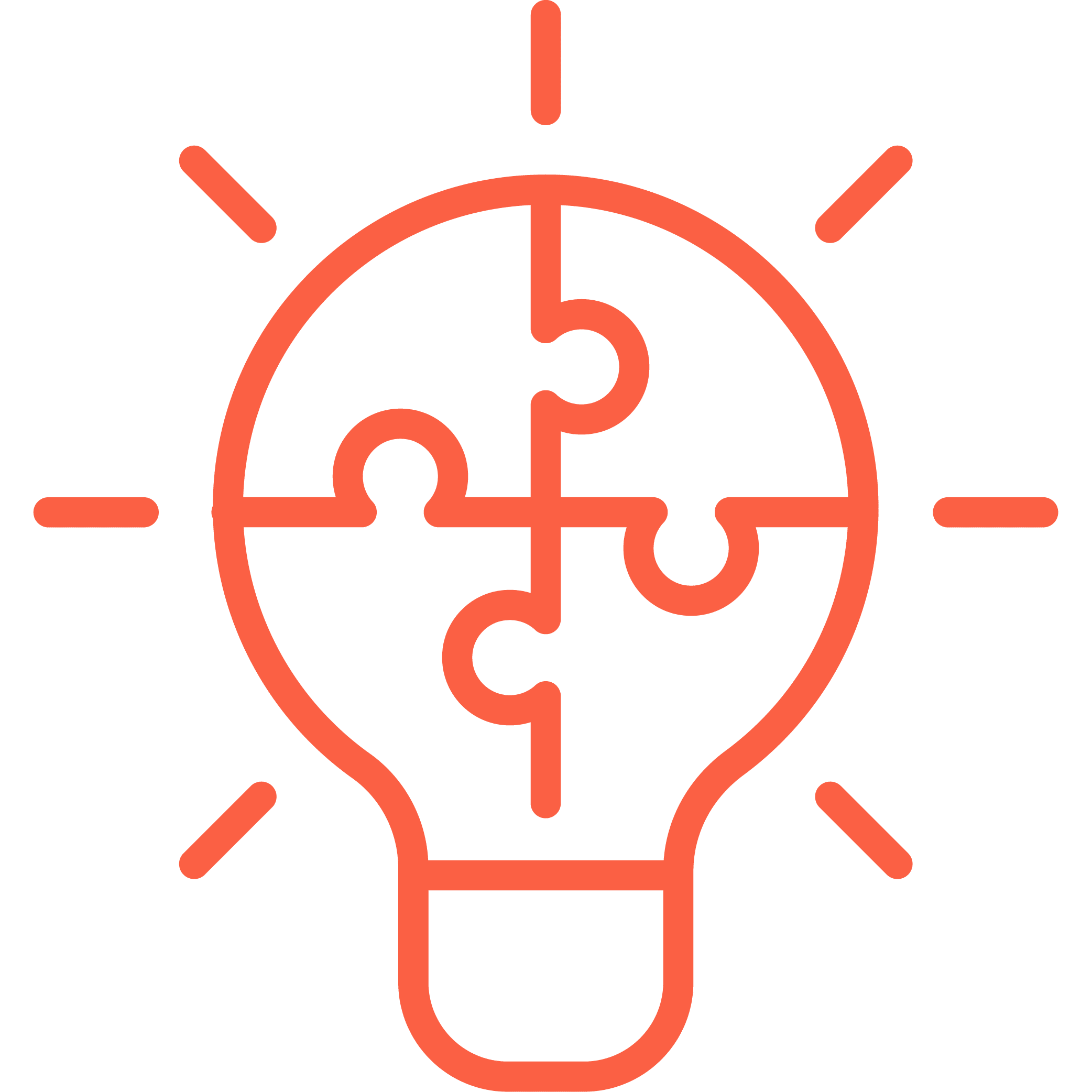 Outline of a light bulb made of puzzle pieces with rays around it.