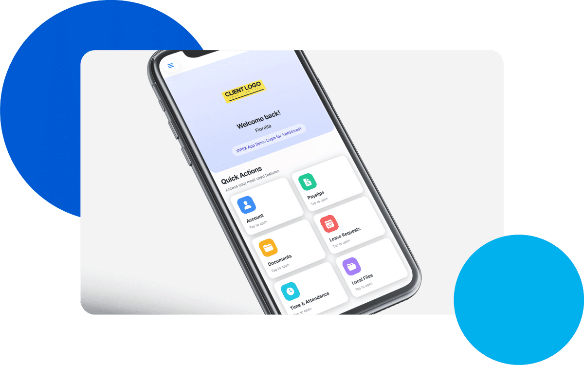 PayDay Core Features Graphic A smartphone displays a payroll app with account, payslips, leave, and document options on screen.