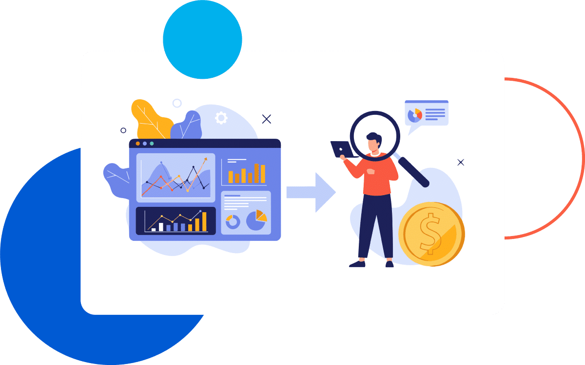 PaymentHubGraphic1 A person analyzes financial charts on a screen next to a large coin and data icons.