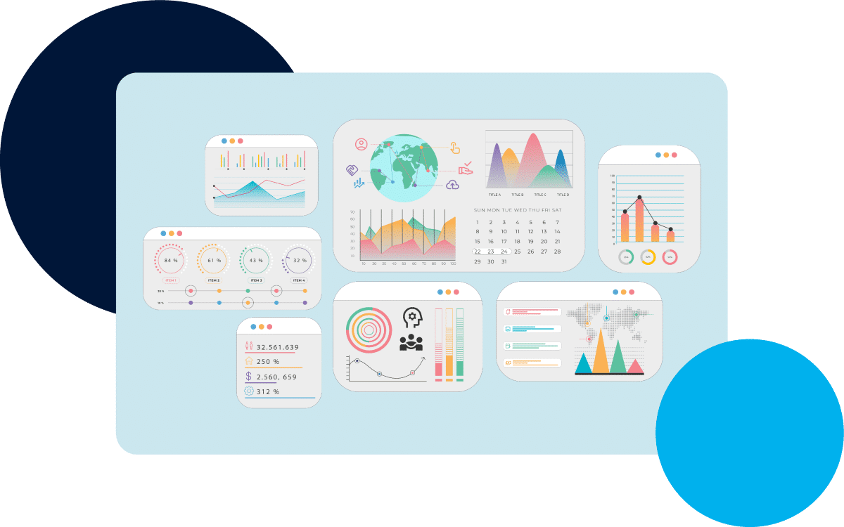 PaymentsHubChartsGraphic Assorted colorful data charts and graphs displayed on a light blue background.