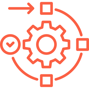 Orange gear and flow chart icons representing a process with check mark and arrows.