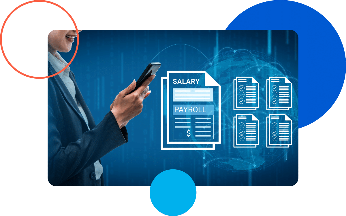 A person using a smartphone with payroll and salary icons on a digital blue background.