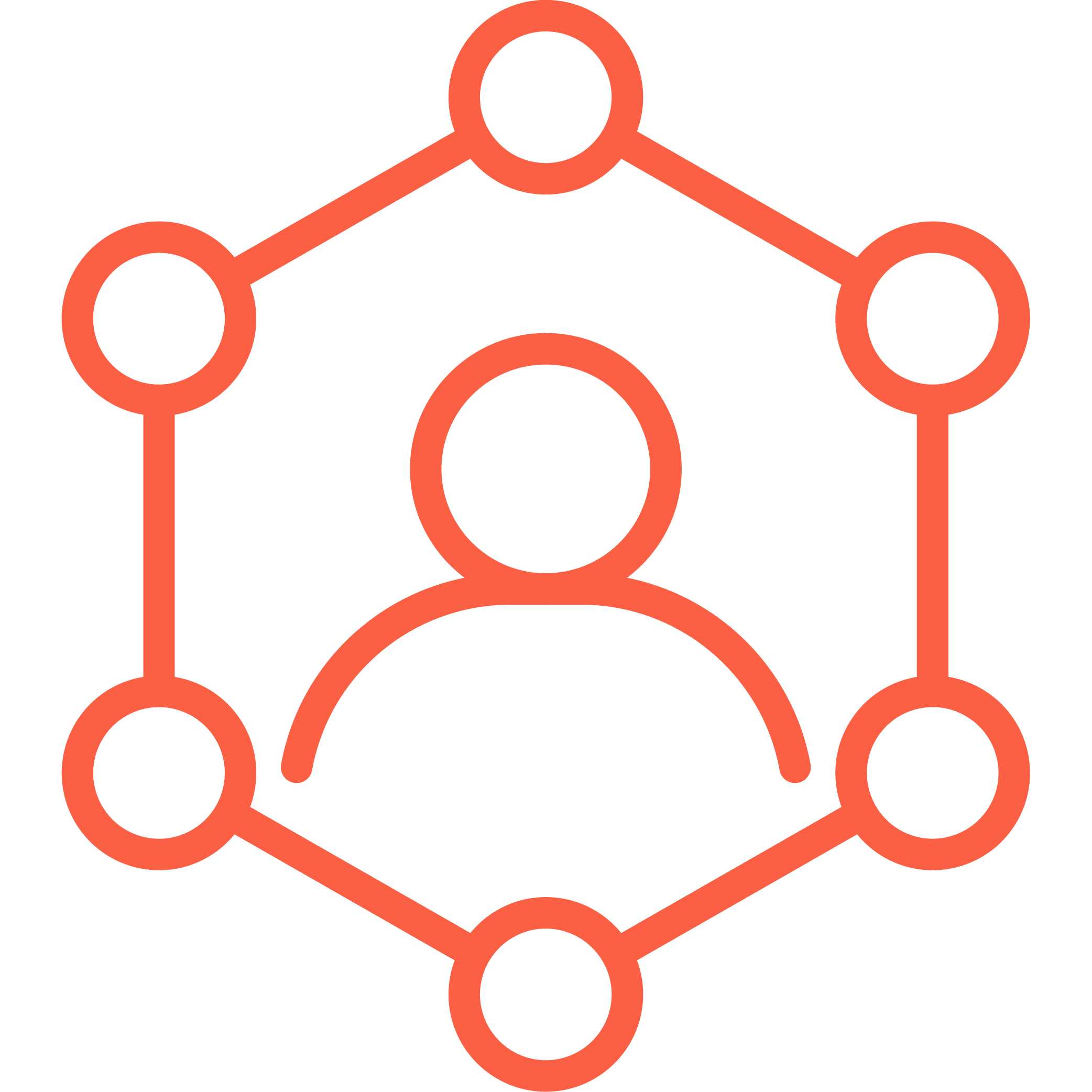 Provider Portal Red outline of a person inside a hexagon with six connected circles.