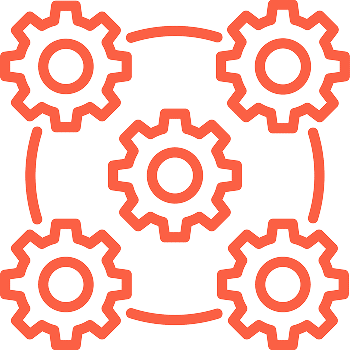 Reduce manual payroll admin Five red gears interconnected, symbolizing automation and streamlined processes.
