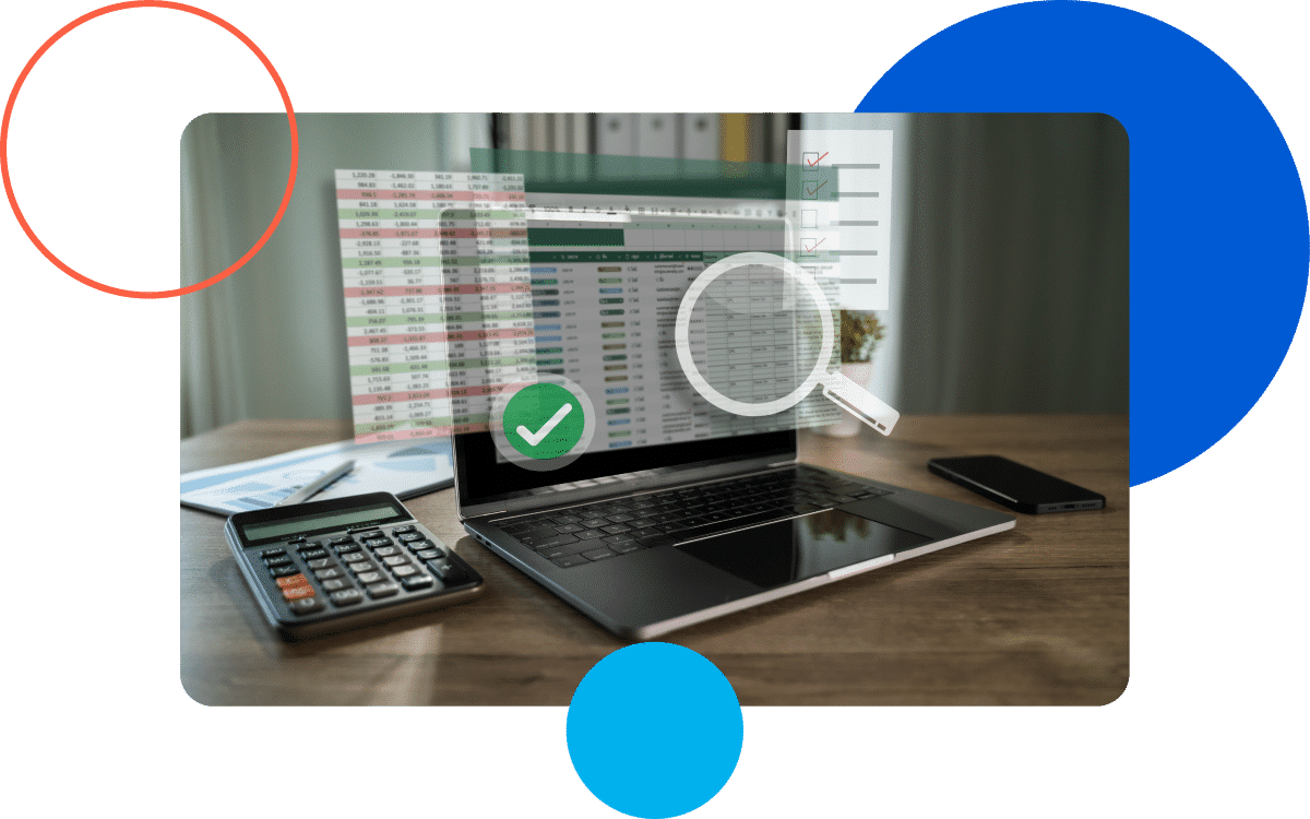 ReportingGraphic A laptop showing spreadsheets with a calculator and phone on the desk, symbolizing data analysis.