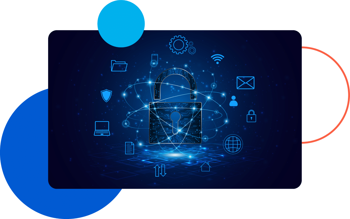 Security and Trust A glowing padlock surrounded by digital security icons on a dark blue background.