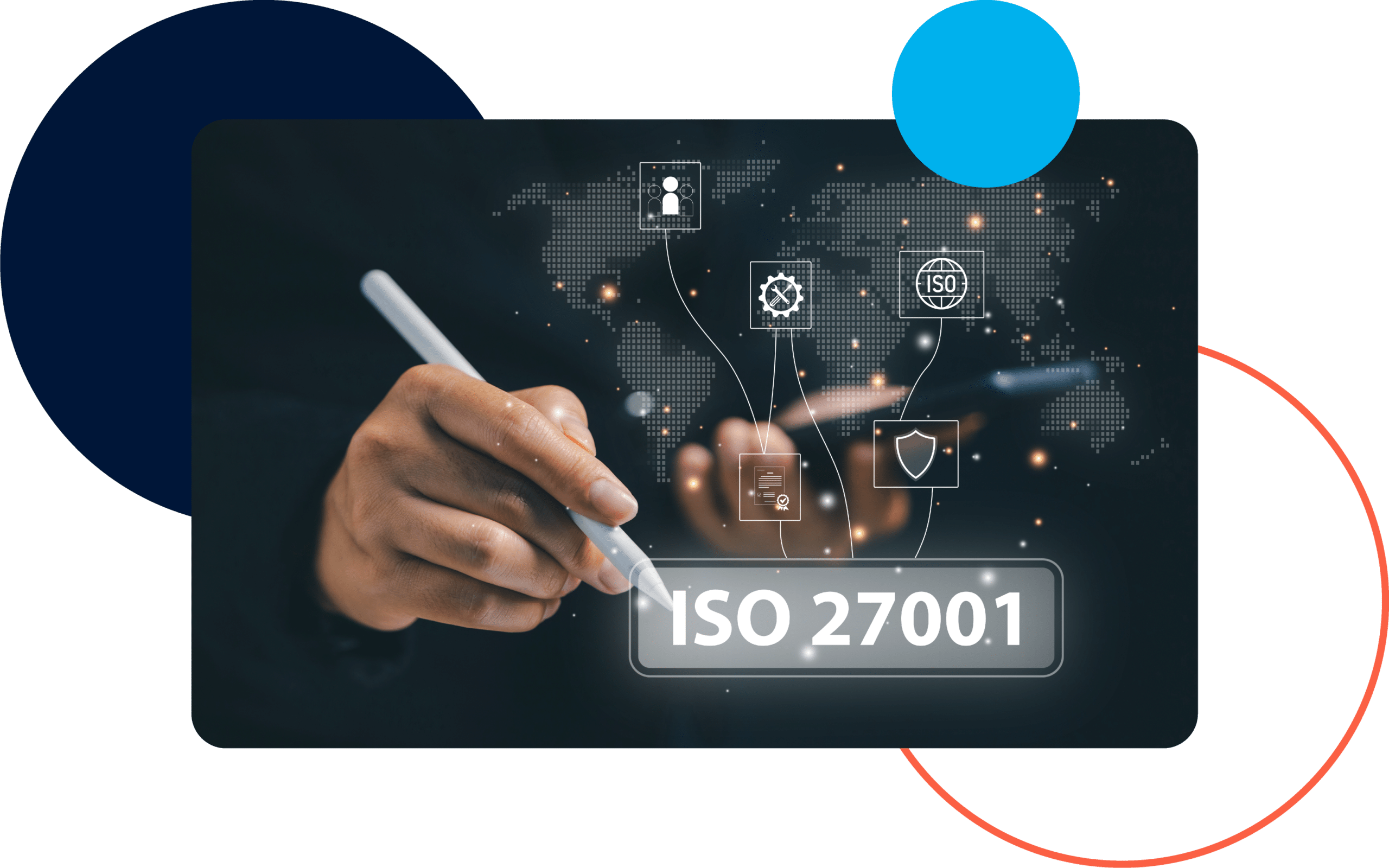 Staying Compliant ISO 24001 Hand with stylus interacting with virtual ISO 27001 compliance icons on a digital world map background.