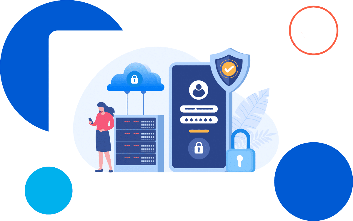 StayingSecureGraphic Woman with phone, cloud, server, lock, and shield symbolizing online security and data protection.