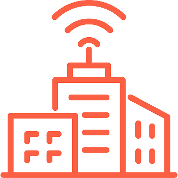 Support local payroll complexity at scale Outline of three buildings with a wireless signal above the central building.