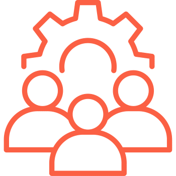 Time On Time Off Three people icons in front of a gear, outlined in orange.