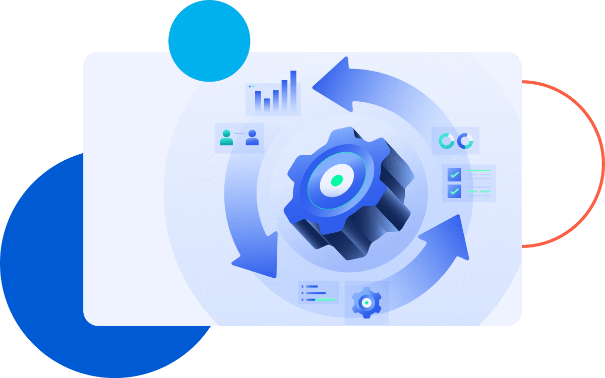 What Does HCM Connect Solve A blue gear with arrows surrounded by charts and icons, symbolizing workflow automation and data integration.