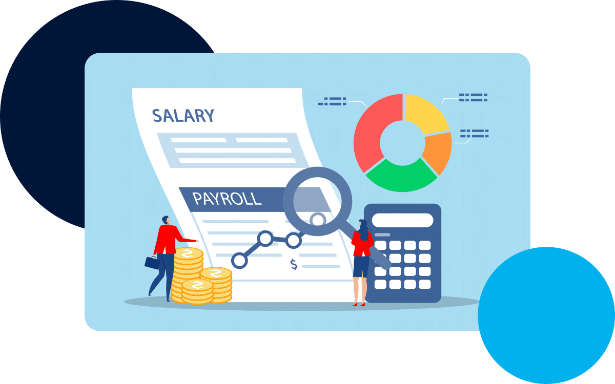 Illustration of payroll and salary documents, coins, calculator, and a pie chart for financial analysis.