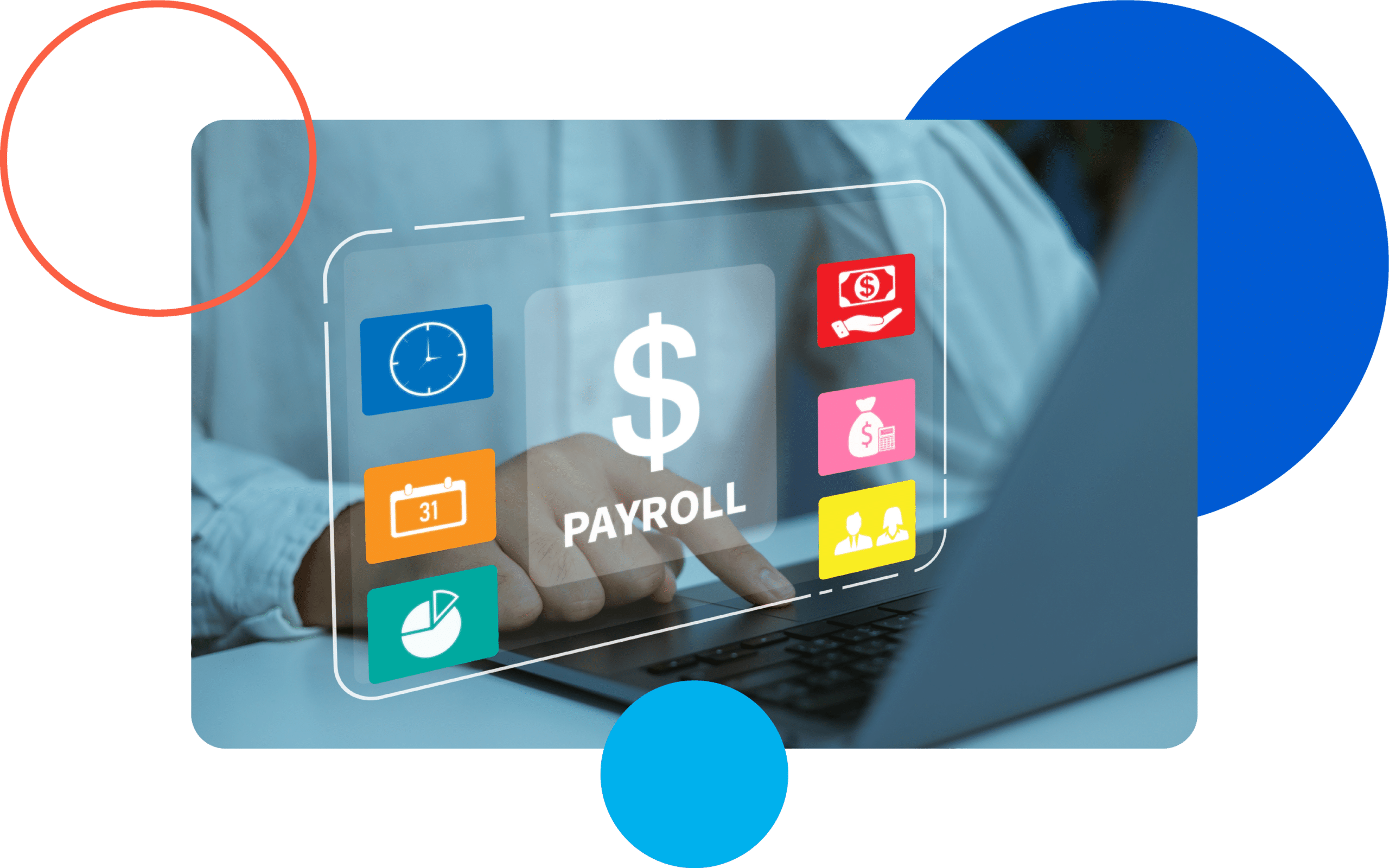 Person using a laptop with a digital payroll interface and colorful finance icons on the screen.