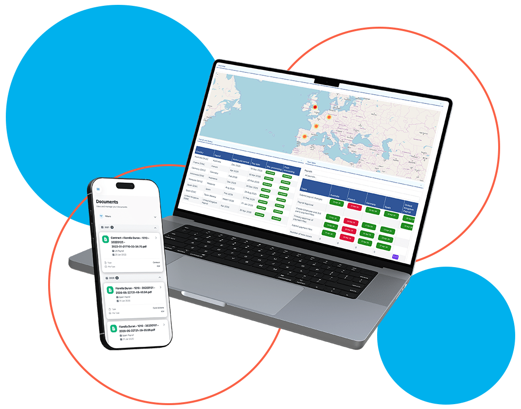 A laptop and smartphone display a software dashboard with maps and data tables.